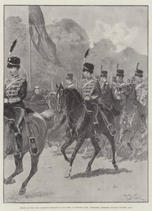 Review van de Eerste Yeomanry Brigade door de Koningin in Windsor Park, Middlesex Yeomanry Cavalerie in draf